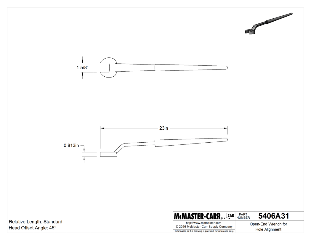 Technical Drawing of Open-End Wrench for Hole Alignment, 1-5/8" Size, 23" Overall Length.